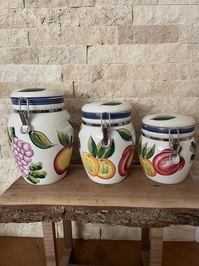 Tuscano Orchards Ceramic Fruit Canister Set - White with Multicolor Fruit Motif